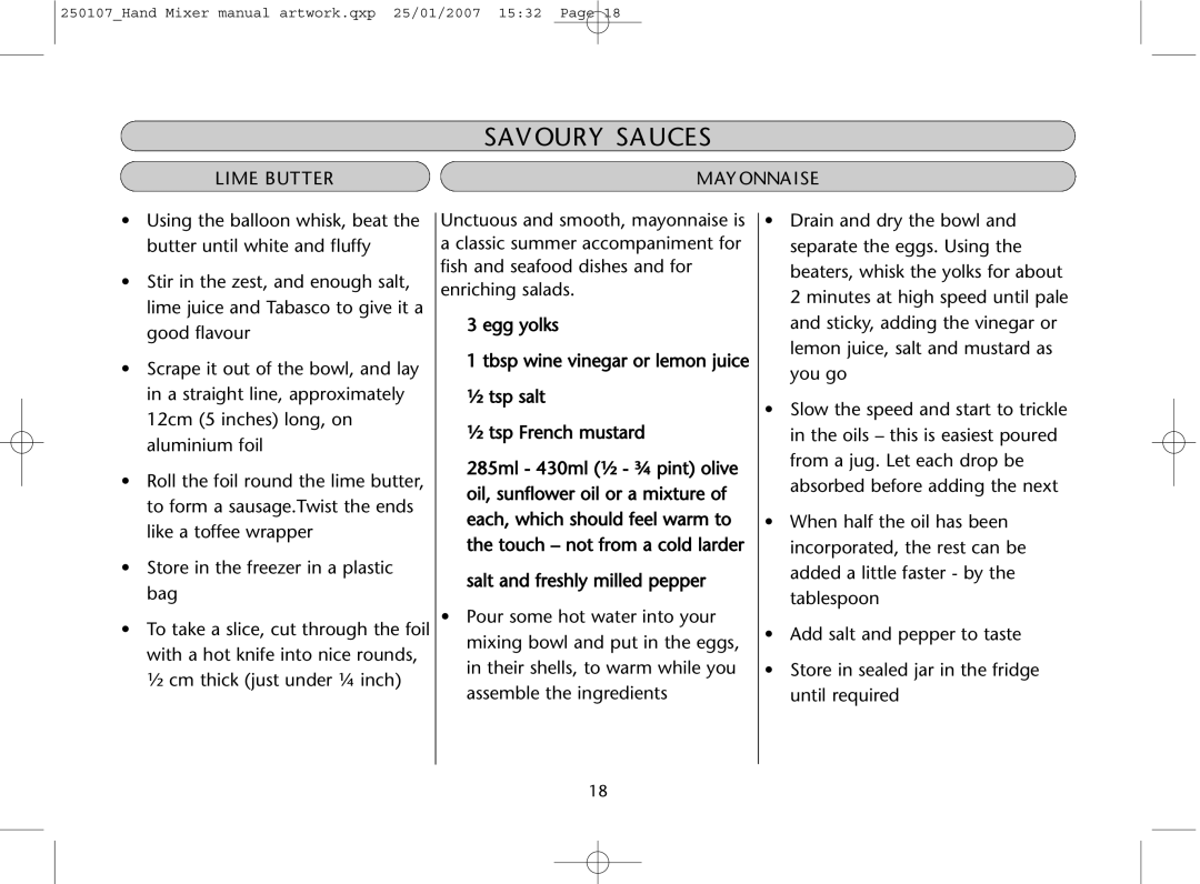 Dualit GB 04/06 instruction manual Savoury Sauces, Lime Butter Mayonnaise 