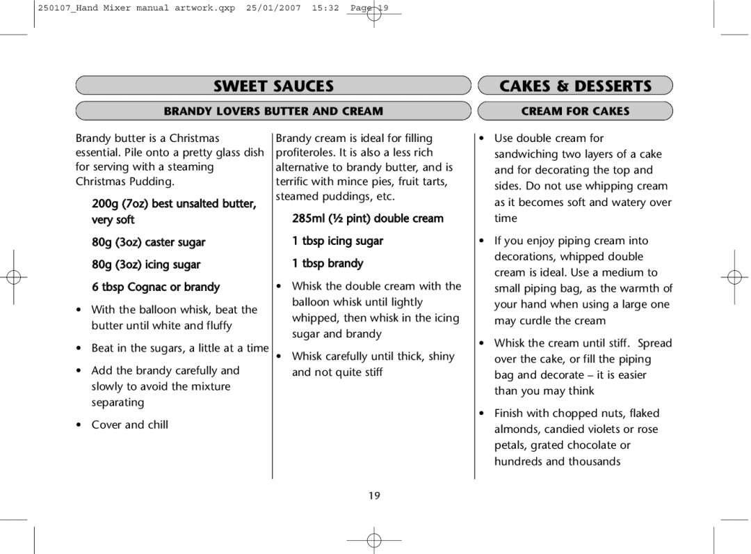 Dualit GB 04/06 instruction manual Sweet Sauces, Brandy Lovers Butter and Cream Cream for Cakes 