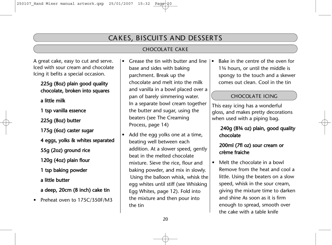 Dualit GB 04/06 instruction manual CAKES, Biscuits and Desserts, Chocolate Cake, Chocolate Icing 