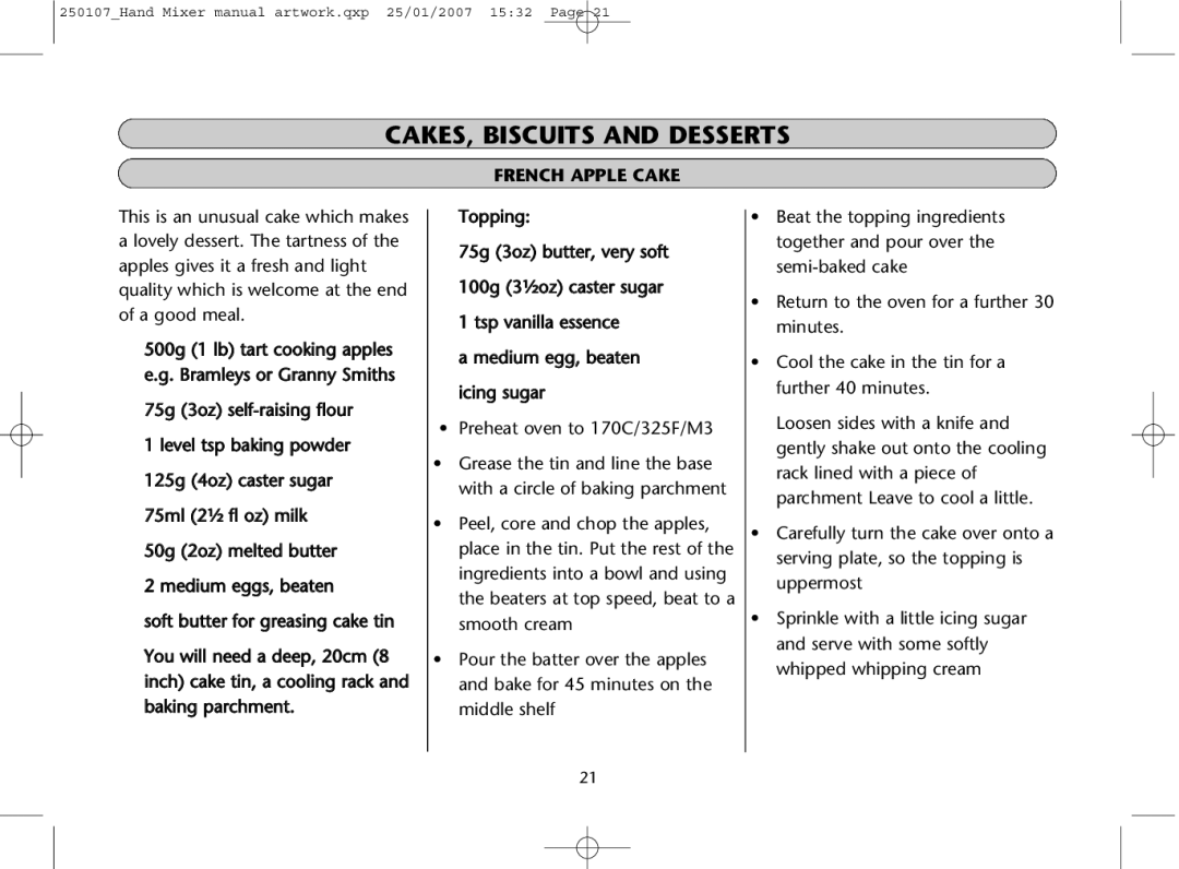 Dualit GB 04/06 instruction manual French Apple Cake 