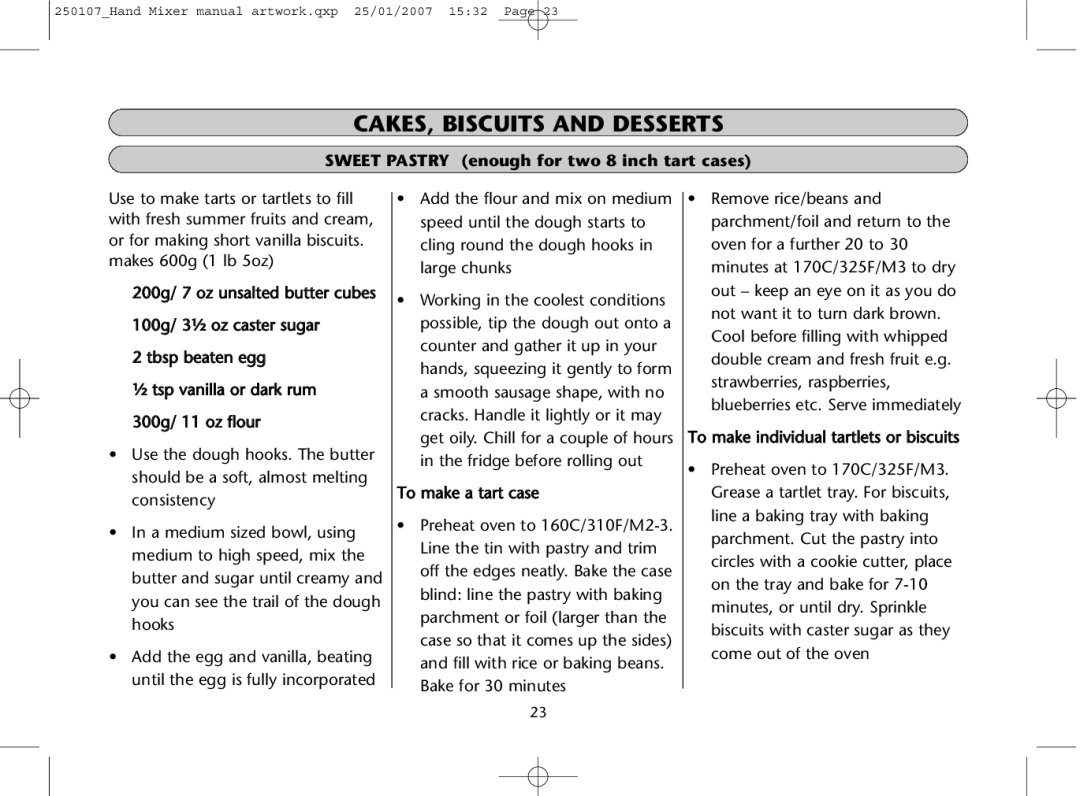 Dualit GB 04/06 instruction manual Sweet Pastry enough for two 8 inch tart cases 