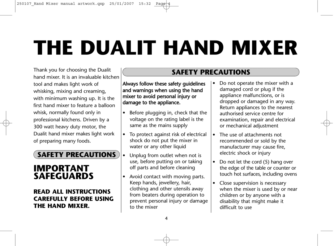 Dualit GB 04/06 instruction manual Dualit Hand Mixer, Safety Precautions 