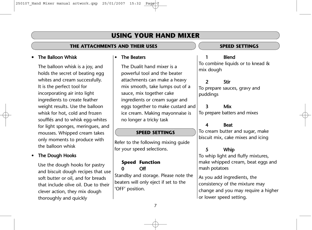 Dualit GB 04/06 instruction manual Using Your Hand Mixer, Attachments and Their Uses, Speed Settings 