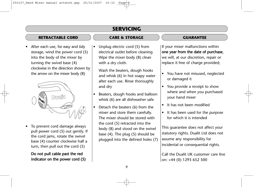Dualit GB 04/06 instruction manual Servicing, Retractable Cord Care & Storage Guarantee 