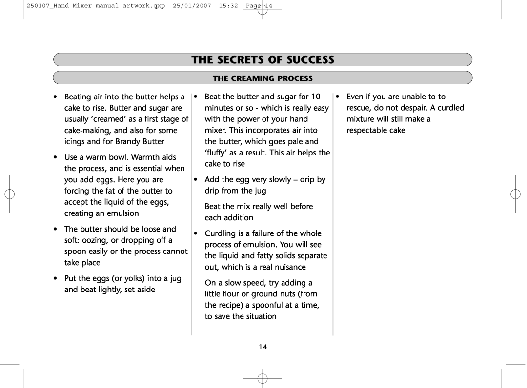 Dualit GB 04/06 instruction manual The Creaming Process, The Secrets Of Success 