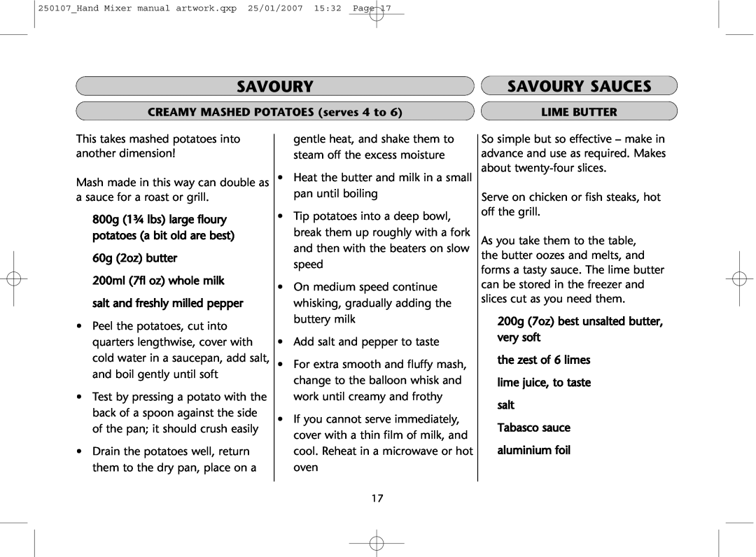Dualit GB 04/06 instruction manual Savoury Sauces, CREAMY MASHED POTATOES serves 4 to, Lime Butter 
