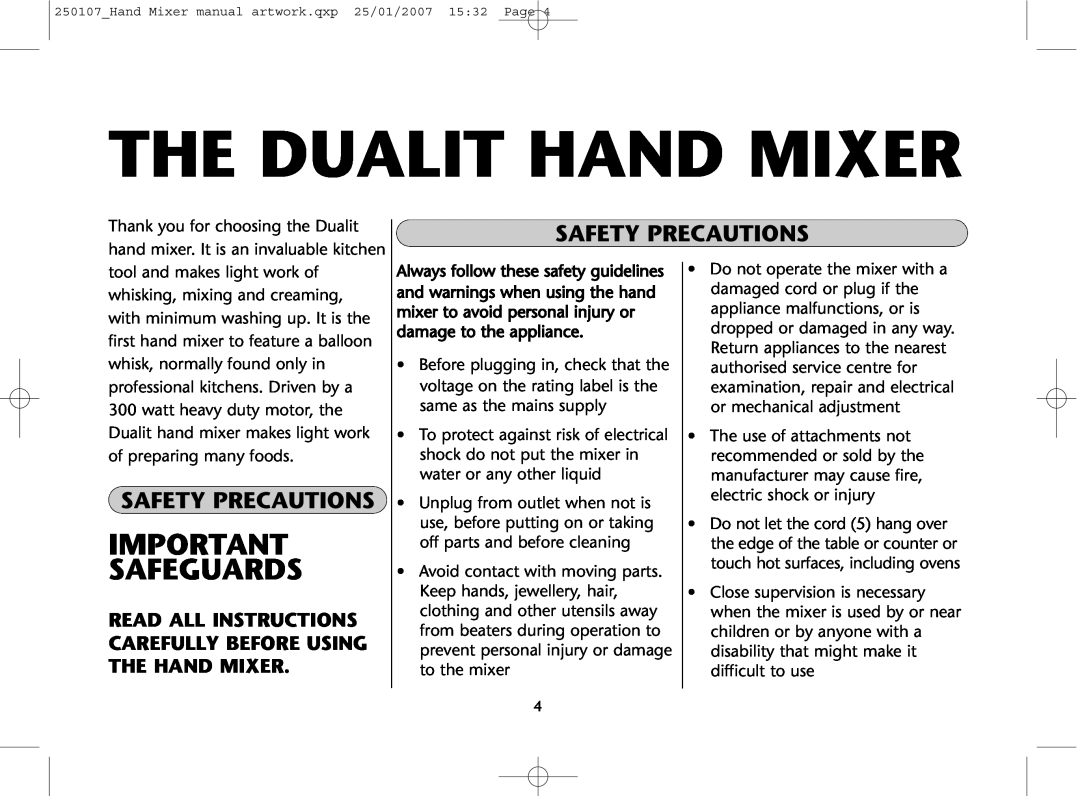 Dualit GB 04/06 instruction manual Safeguards, Safety Precautions, The Dualit Hand Mixer 