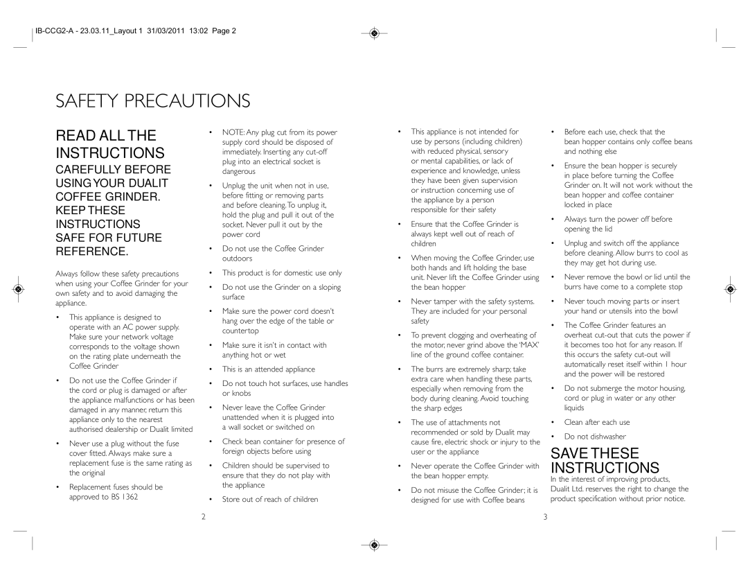 Dualit IB-CCG2-A instruction manual Safety Precautions, Read Allthe Instructions 