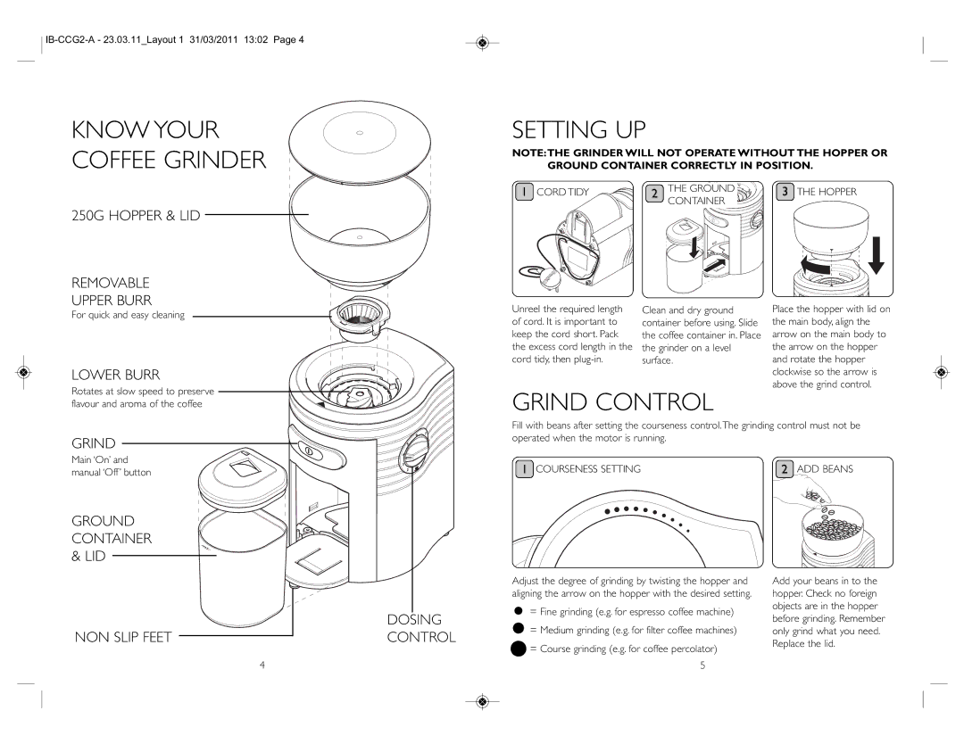 Dualit IB-CCG2-A instruction manual Know Your Coffee Grinder, Setting UP, Grind Control 