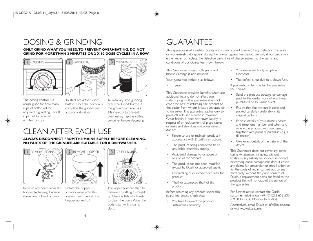 Dualit IB-CCG2-A instruction manual Dosing & Grinding, Guarantee, Clean After Each USE 