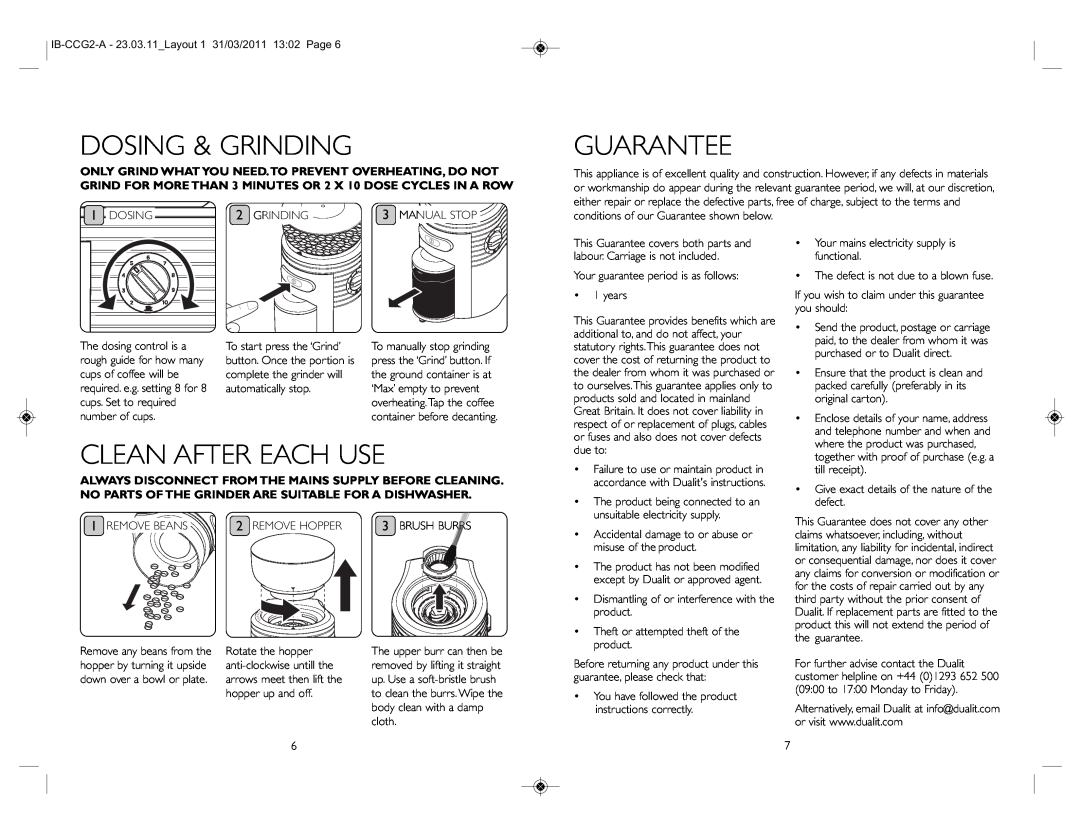 Dualit IB-CCG2-A instruction manual Dosing & Grinding, Guarantee, Clean After Each Use 