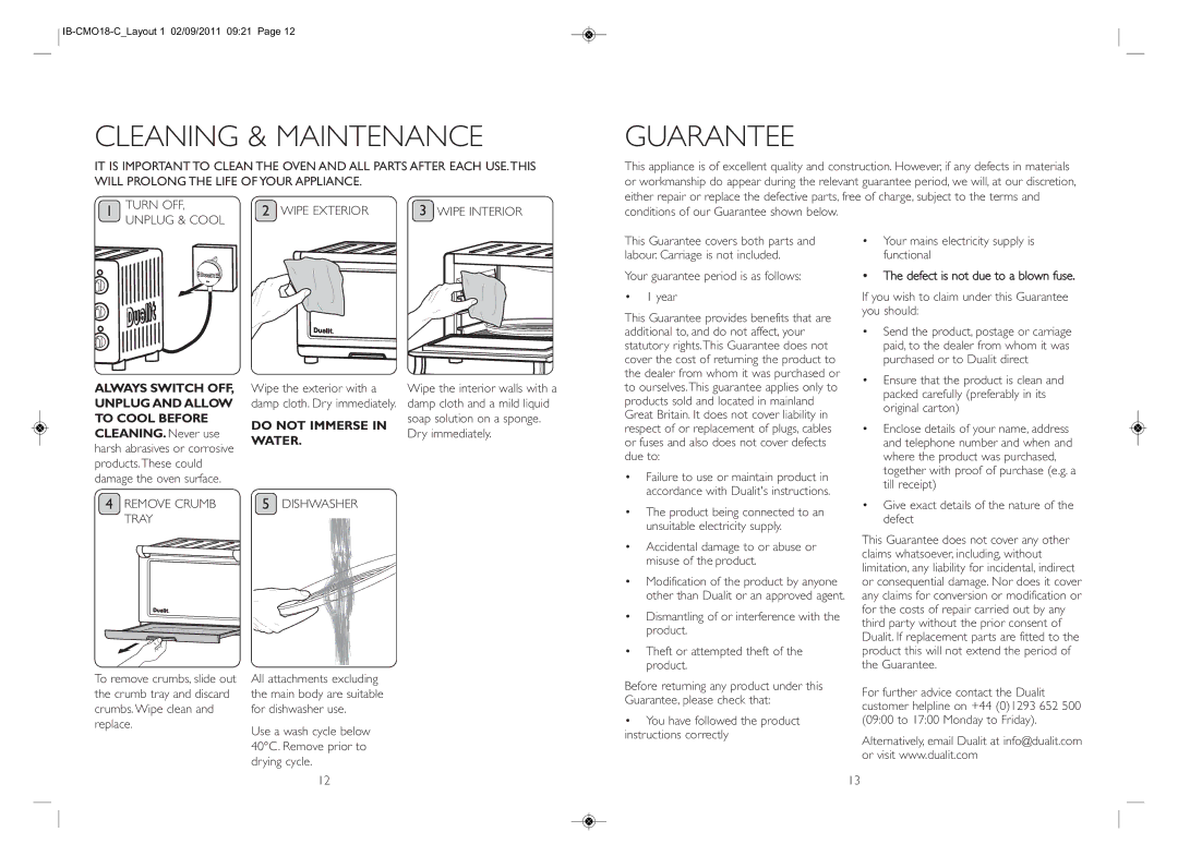 Dualit IB-CMO18-C_LAYOUT 1 instruction manual Cleaning & Maintenance, Guarantee 