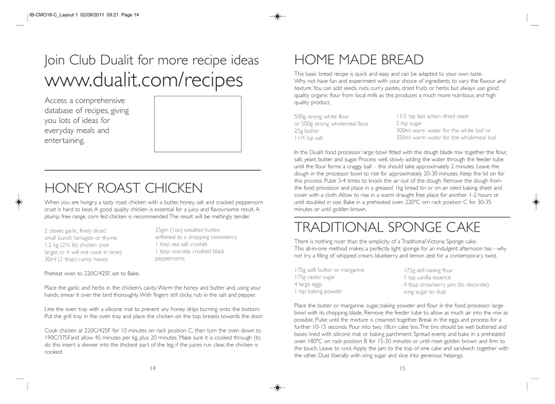 Dualit IB-CMO18-C_LAYOUT 1 instruction manual Honey Roast Chicken, Home Made Bread, Traditional Sponge Cake 