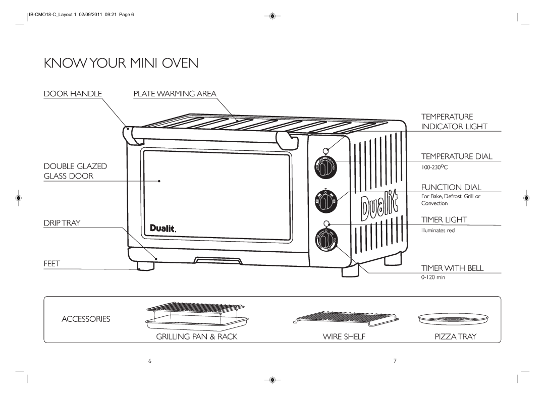 Dualit IB-CMO18-C_LAYOUT 1 Know Your Mini Oven, Temperature Indicator Light, Grilling Pan & Rack, Plate Warming Area 