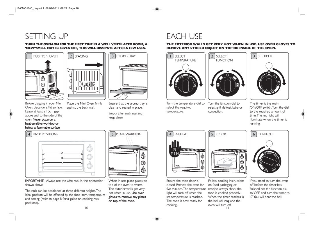 Dualit IB-CMO18-C_LAYOUT 1 instruction manual Setting Up, Each Use, oven. Never place on a, heat-sensitiveworktop or 