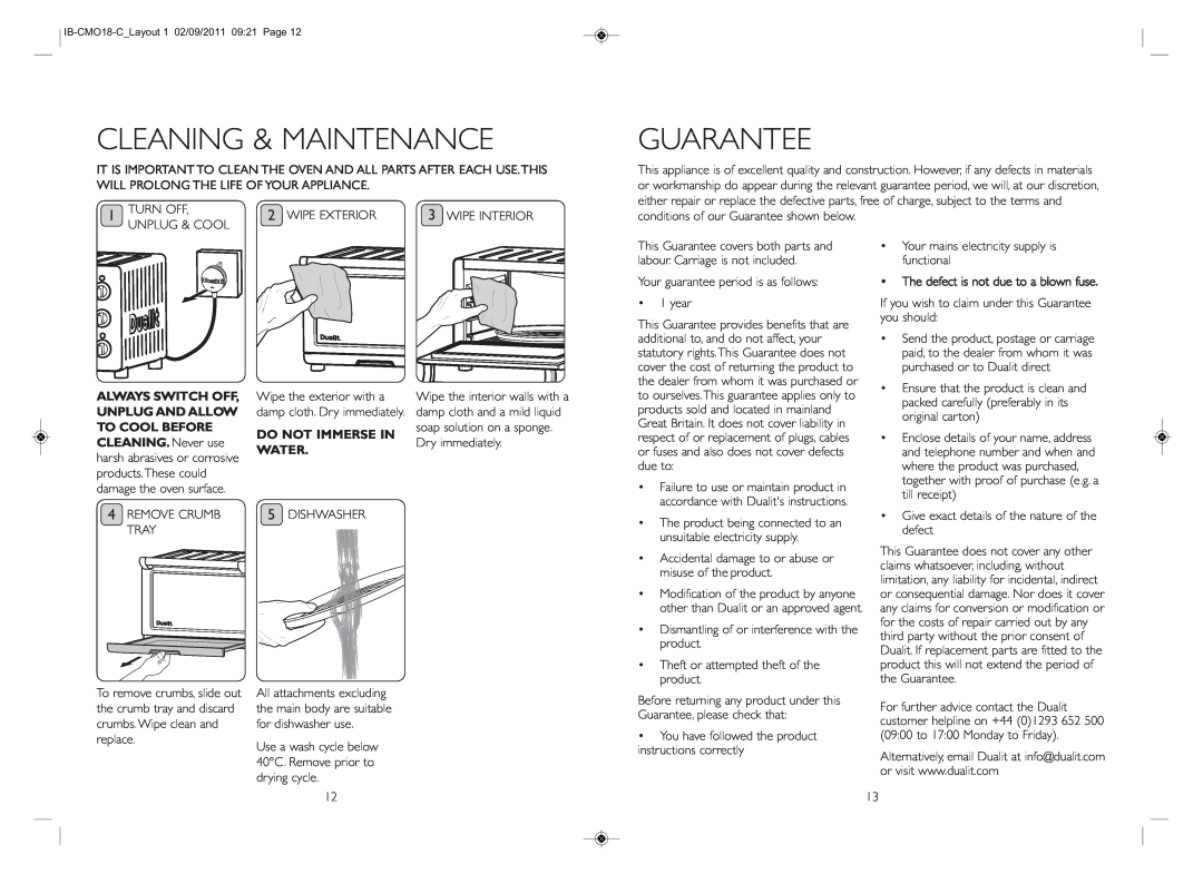 Dualit IB-CMO18-C_LAYOUT 1 instruction manual Cleaning & Maintenance, Guarantee, The defect is not due to a blown fuse 