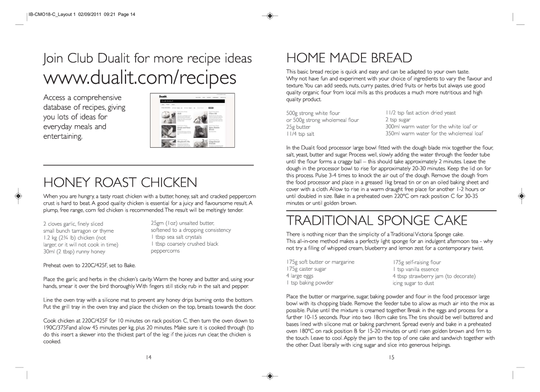 Dualit IB-CMO18-C_LAYOUT 1 instruction manual Join Club Dualit for more recipe ideas, Honey Roast Chicken, Home Made Bread 