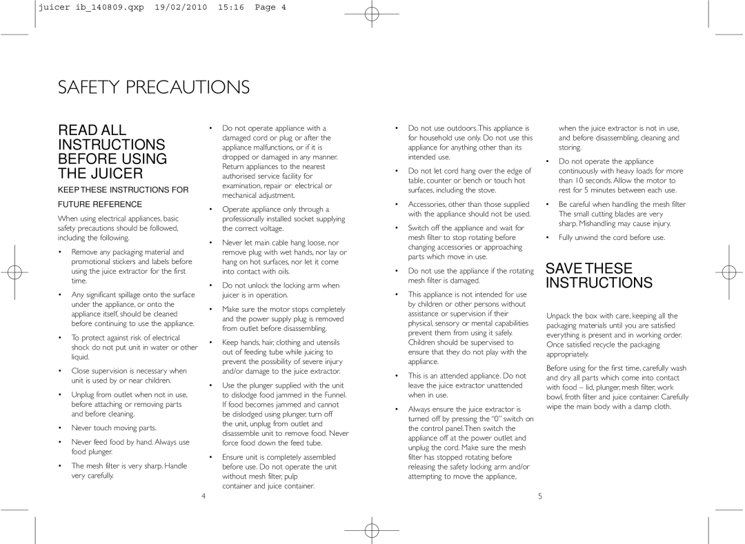 Dualit ib_140809.qxp instruction manual Safety Precautions, Keepthese Instructions for Future Reference 