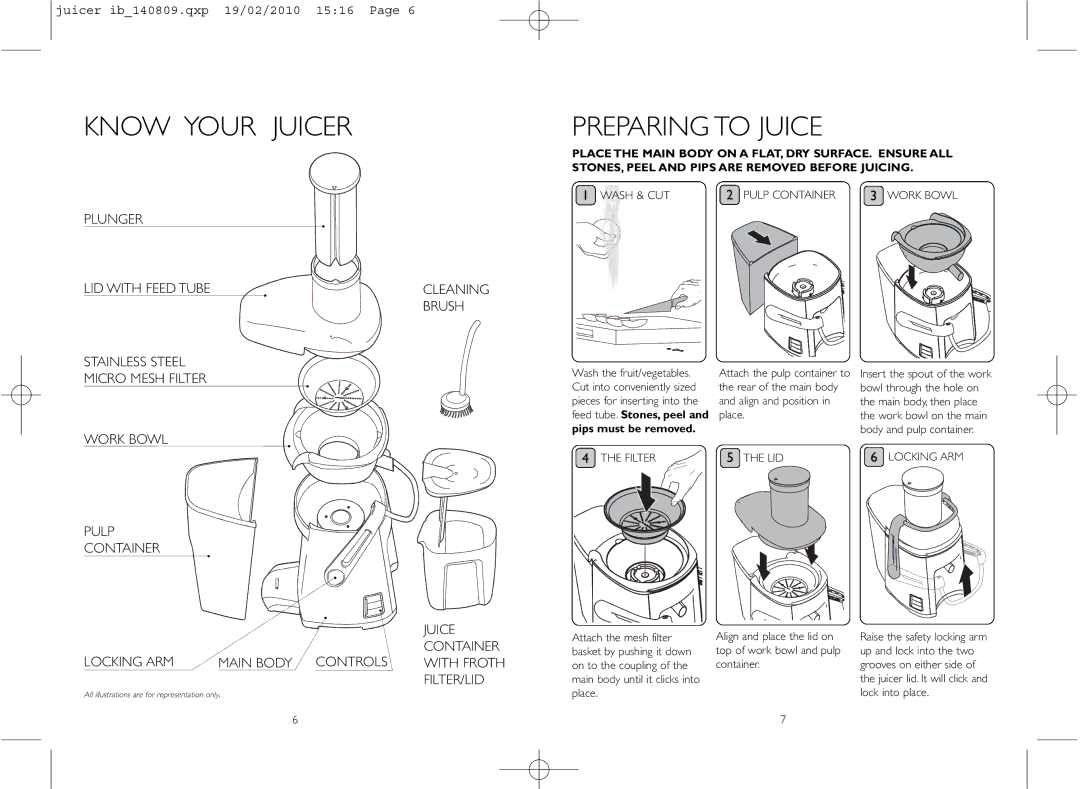 Dualit ib_140809.qxp Know Your Juicer Preparing to Juice, Wash & CUT, Filter Pulp Container, LID Work Bowl, Locking ARM 