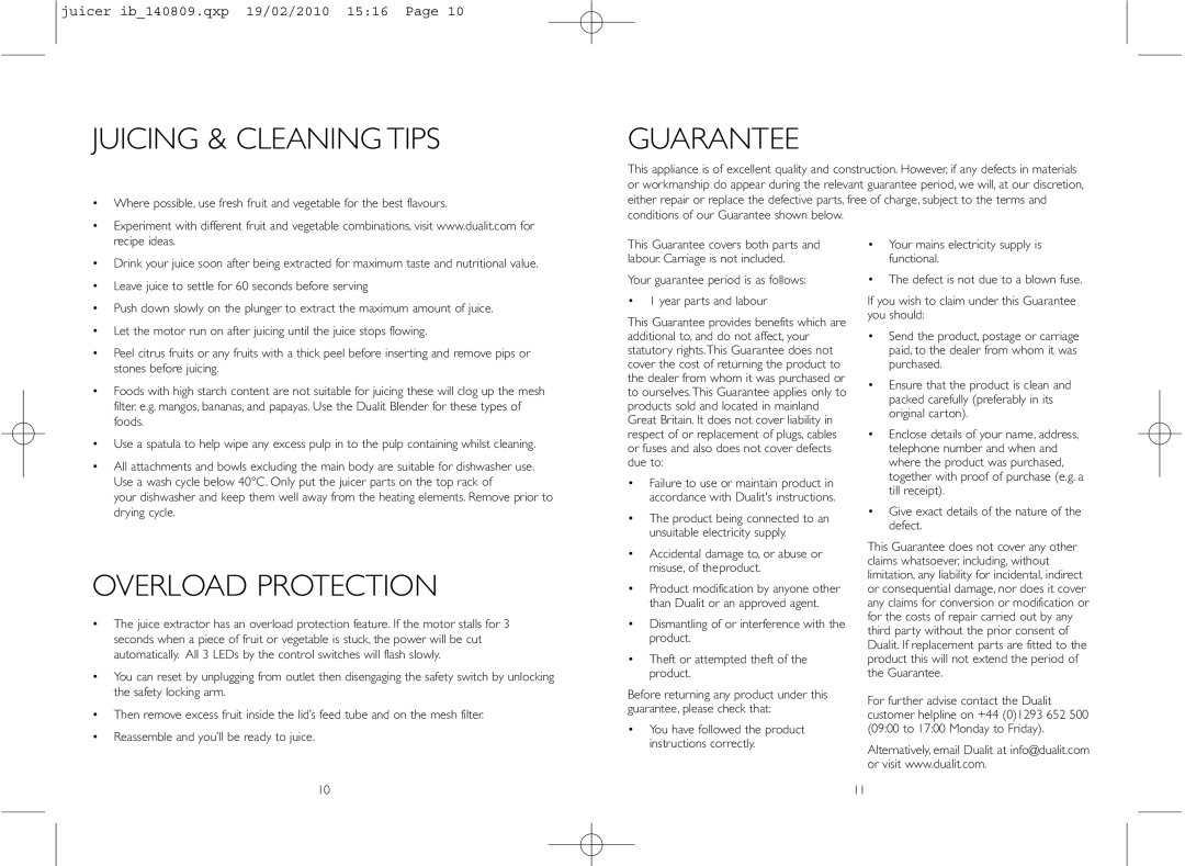 Dualit ib_140809.qxp instruction manual Juicing & Cleaning Tips, Guarantee, Overload Protection 