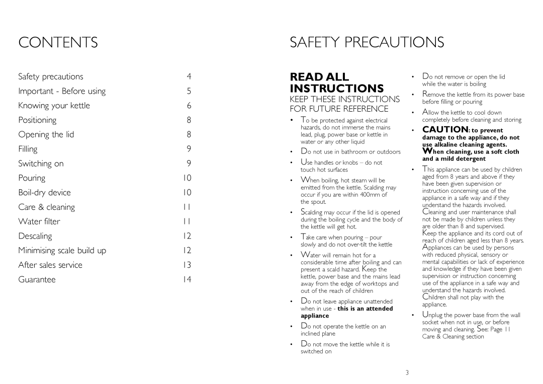 Dualit IL instruction manual Contents Safety Precautions 