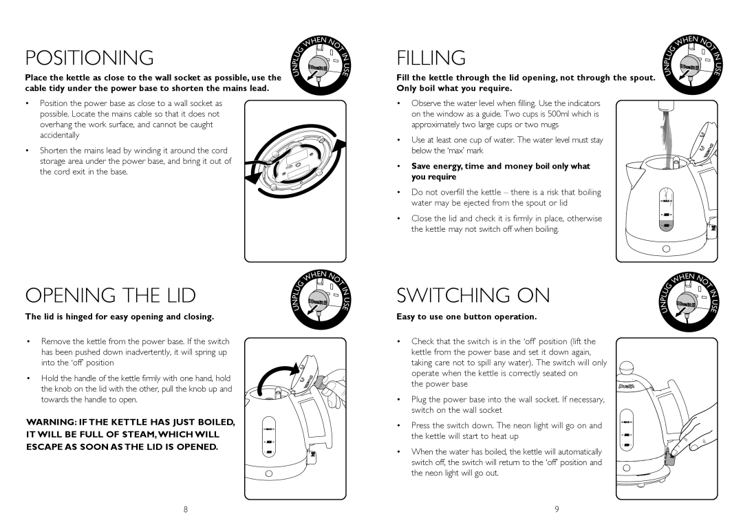 Dualit IL instruction manual Positioning, Filling 