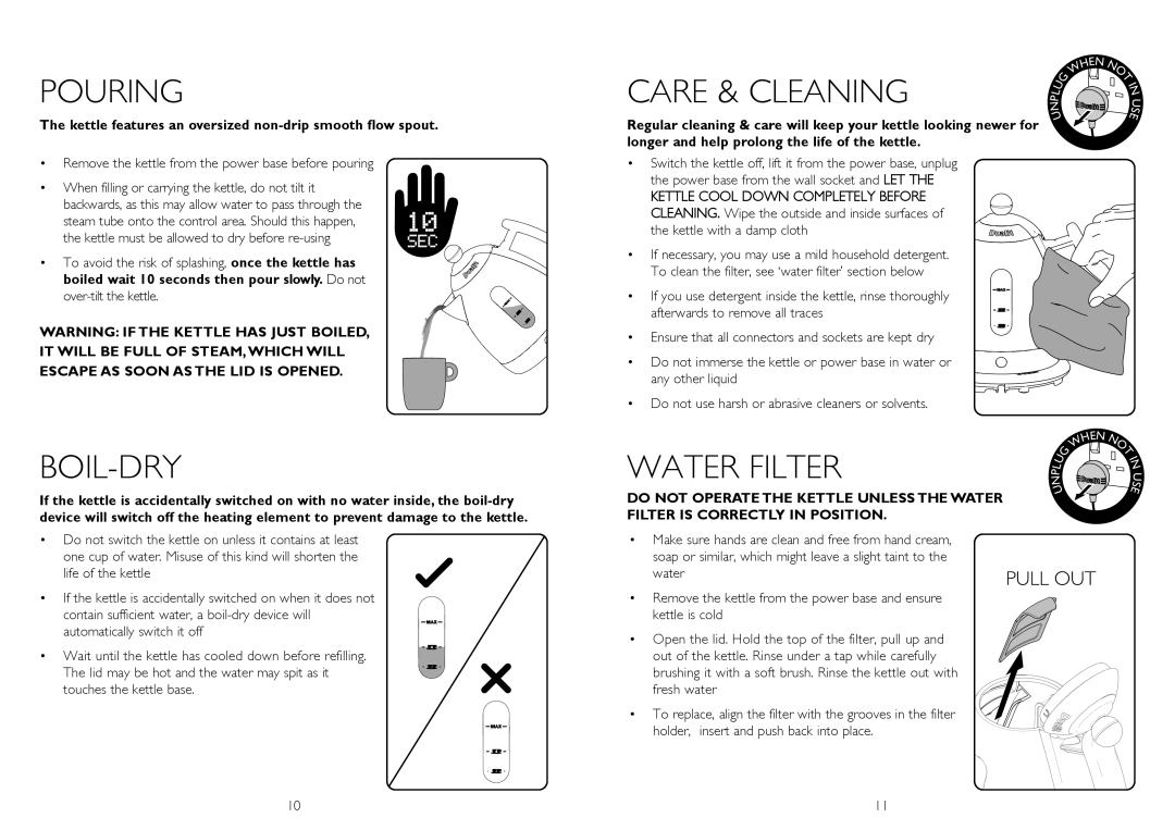 Dualit IL instruction manual Pouring, Care & Cleaning, Boil-Dry, Water Filter 