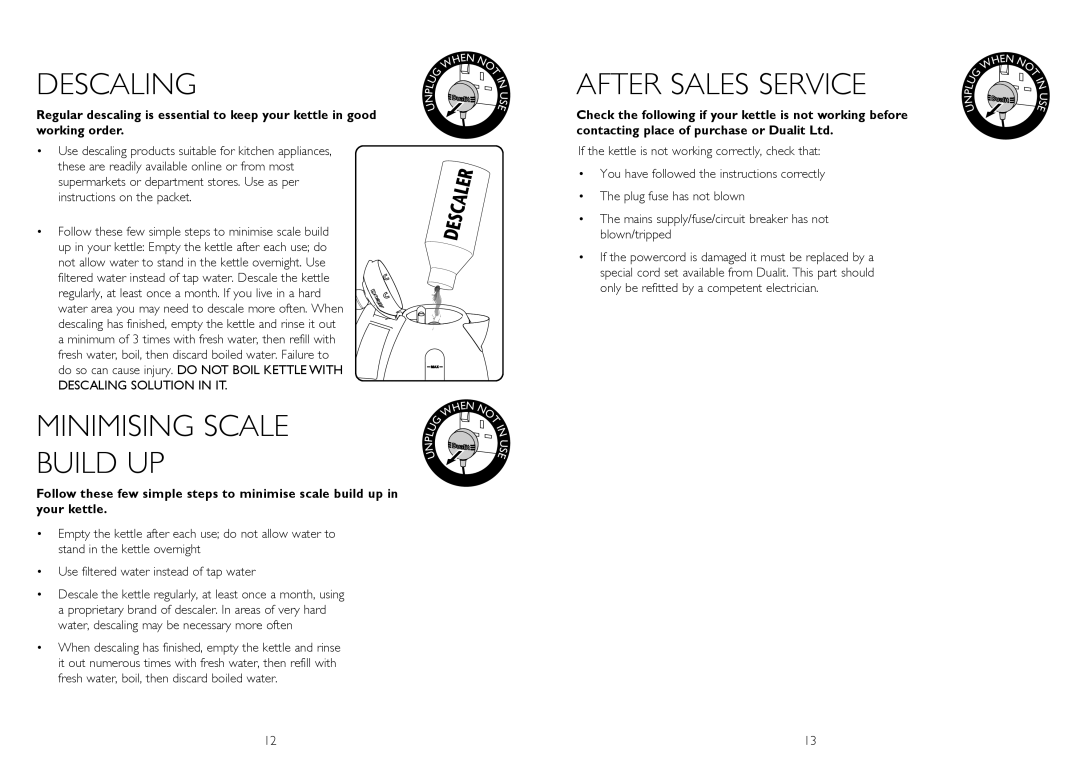 Dualit IL instruction manual Descaling, Minimising Scale Build UP, After Sales Service 