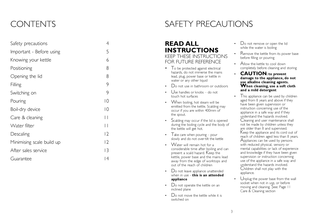 Dualit IL instruction manual Contents, Safety Precautions, Read All Instructions 