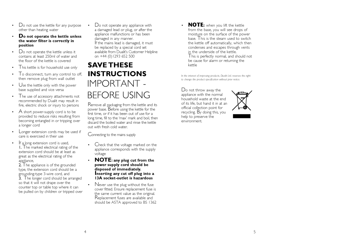 Dualit IL instruction manual Save These Instructions, Important - Before Using 