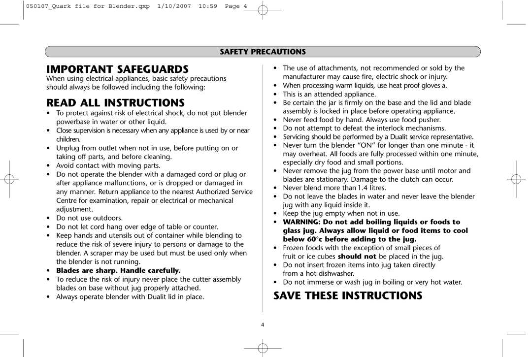 Dualit Kitchen Blender instruction manual Important Safeguards, Safety Precautions 