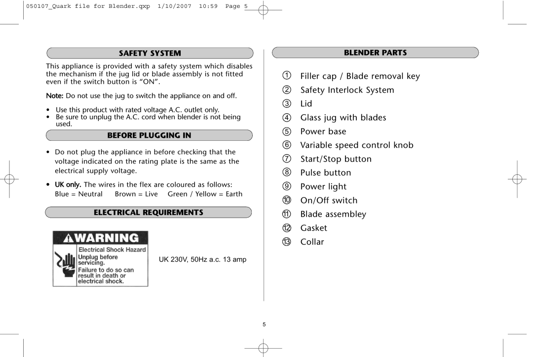 Dualit Kitchen Blender instruction manual Safety System, Before Plugging, Electrical Requirements, Blender Parts 