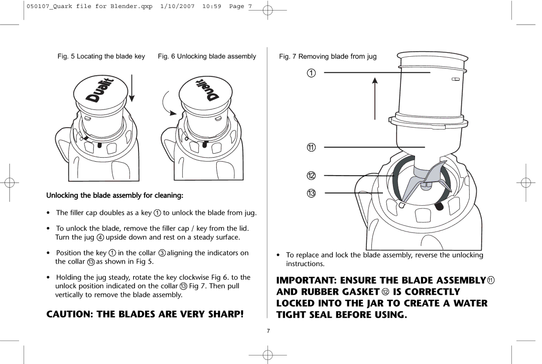 Dualit Kitchen Blender instruction manual Locating the blade key 