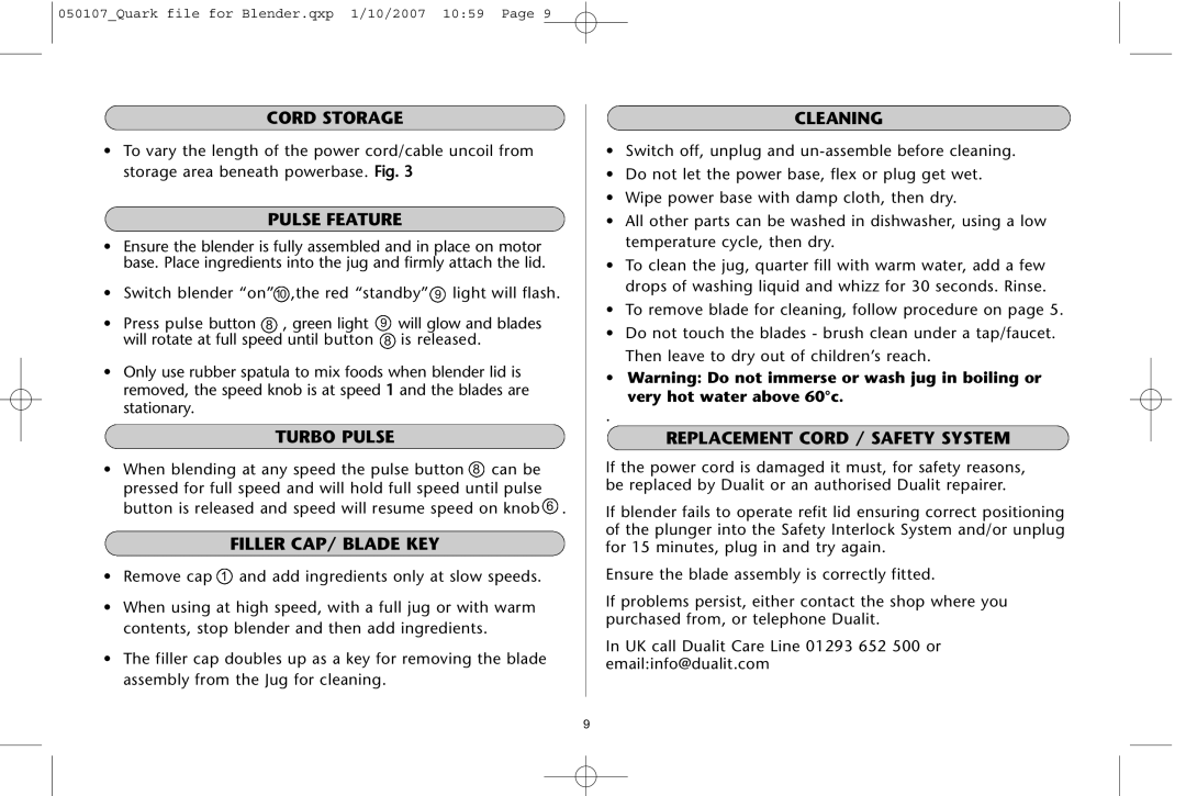 Dualit Kitchen Blender instruction manual Cord Storage, Pulse Feature, Turbo Pulse, Filler CAP/ Blade KEY, Cleaning 