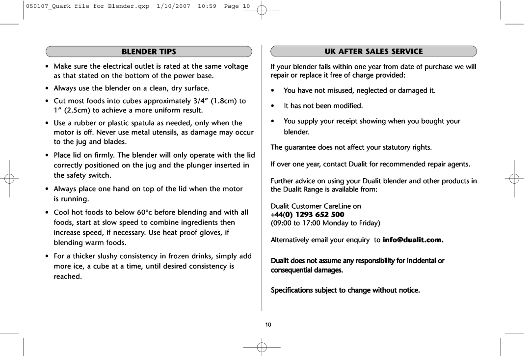 Dualit Kitchen Blender instruction manual Blender Tips, Uk After Sales Service 