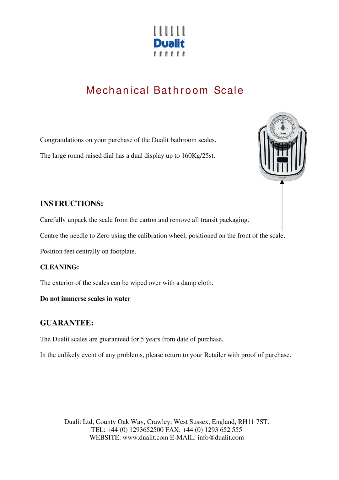 Dualit manual Mechanical Bathroom Scale, Instructions, Guarantee 