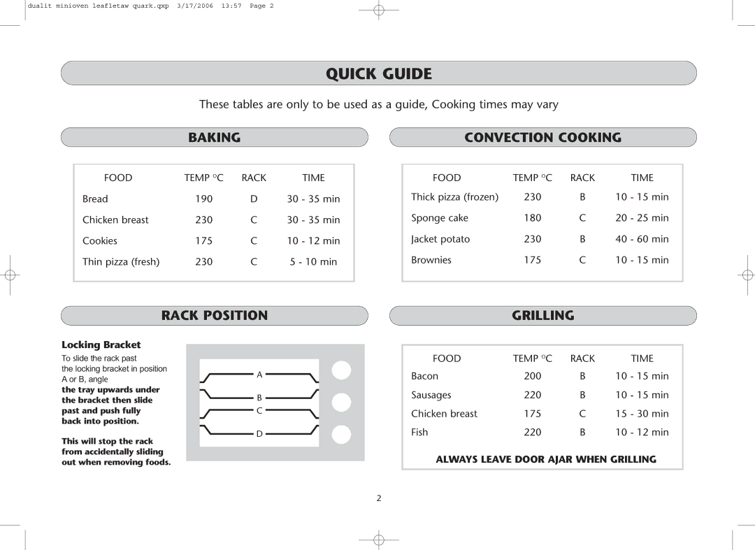 Dualit Mini Oven instruction manual Quick Guide, Baking Convection Cooking, Rack Position, Grilling, Locking Bracket 