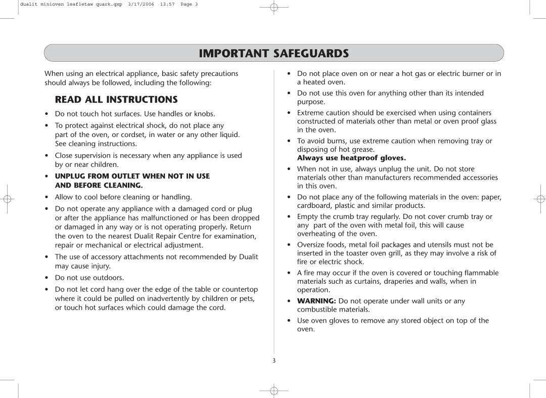 Dualit Mini Oven instruction manual Important Safeguards, Read ALL Instructions, Always use heatproof gloves 