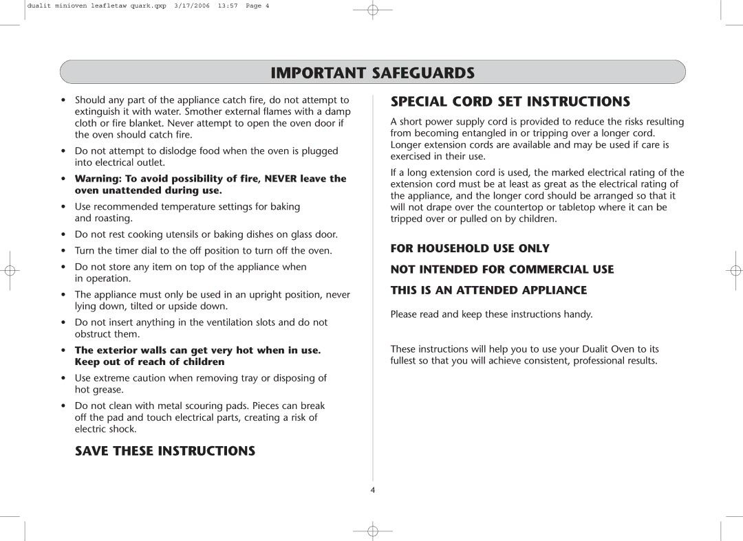 Dualit Mini Oven instruction manual Special Cord SET Instructions 