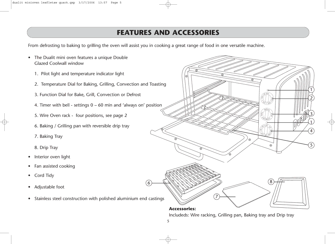 Dualit Mini Oven instruction manual Features and Accessories 