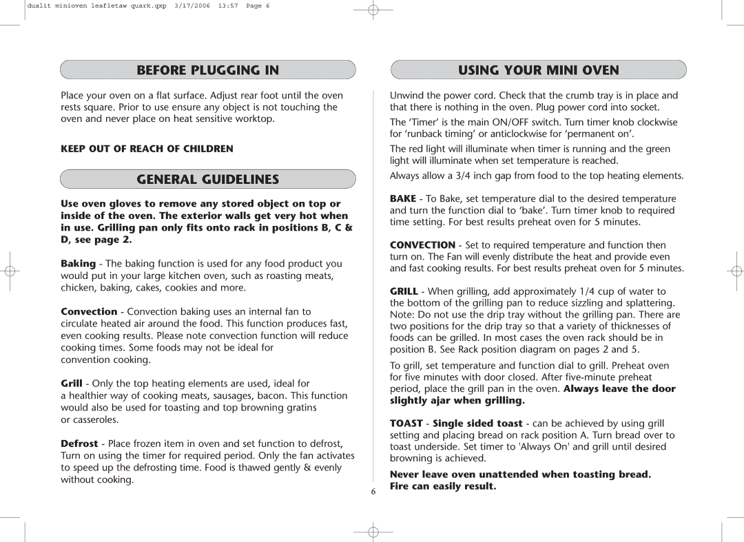 Dualit instruction manual Before Plugging Using Your Mini Oven, General Guidelines 