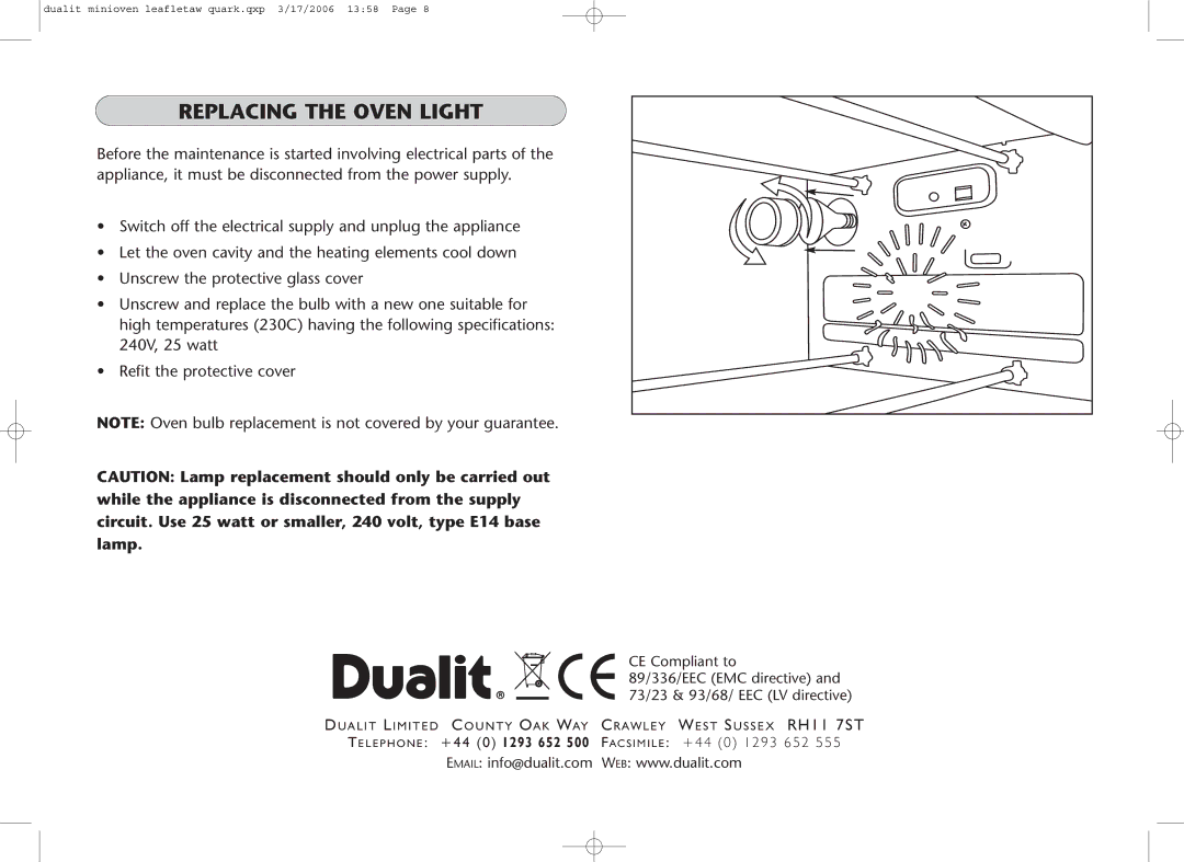 Dualit Mini Oven instruction manual Replacing the Oven Light 