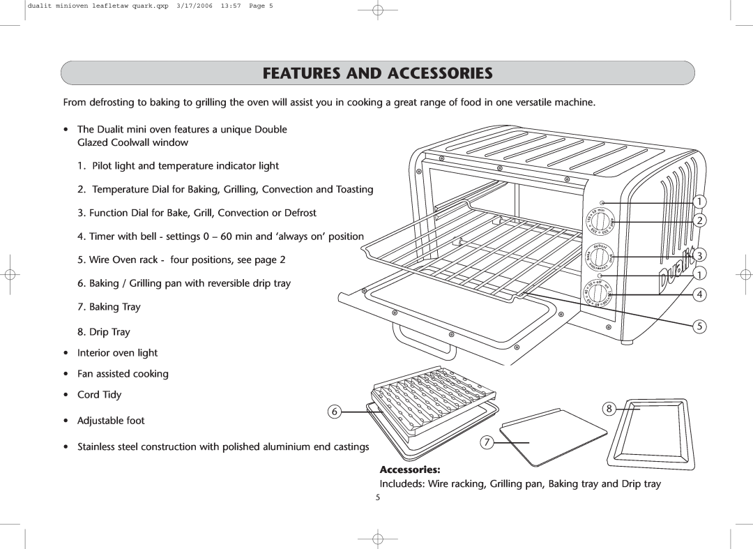 Dualit Mini Oven instruction manual Features And Accessories 