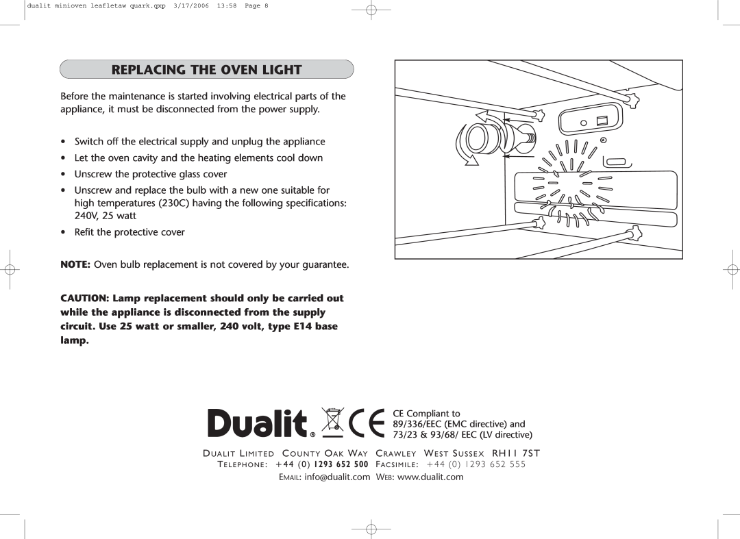 Dualit Mini Oven instruction manual Replacing The Oven Light 