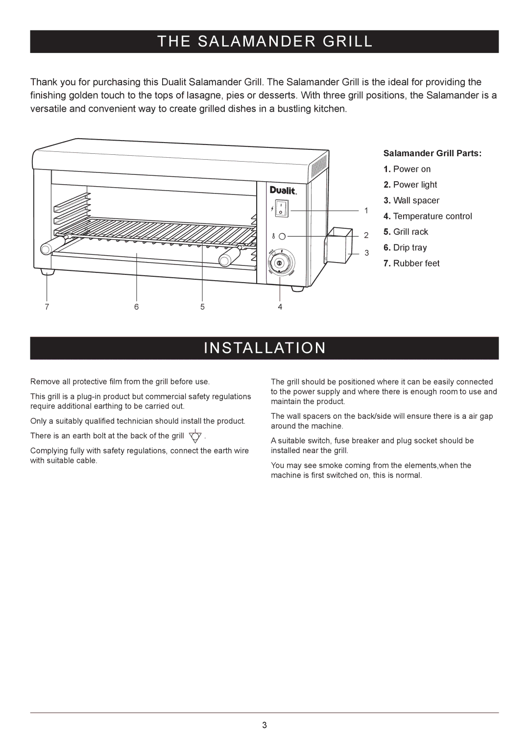 Dualit RSG1 manual Salamander Grill, Installation 