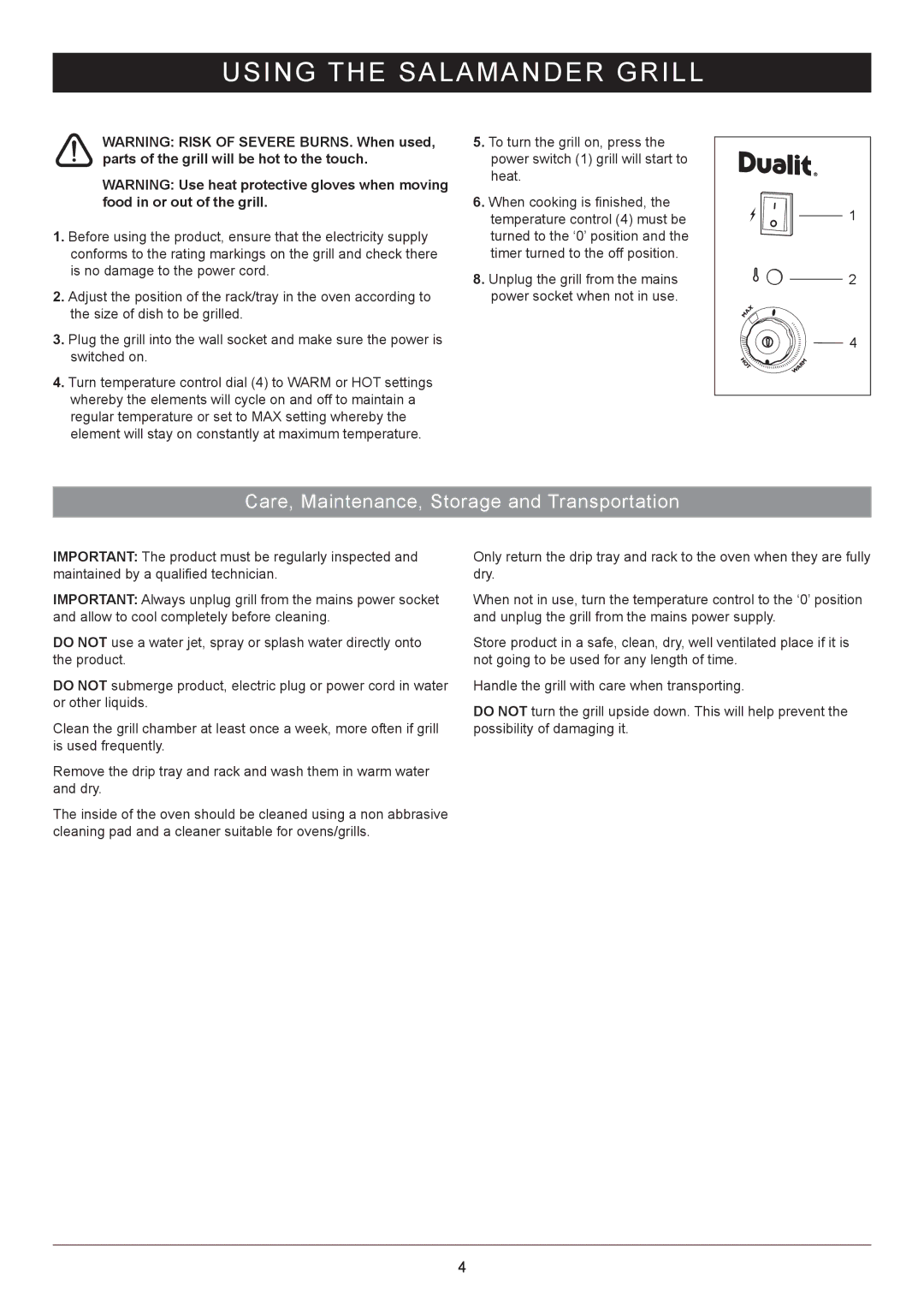 Dualit RSG1 manual Using the Salamander Grill, Care, Maintenance, Storage and Transportation 