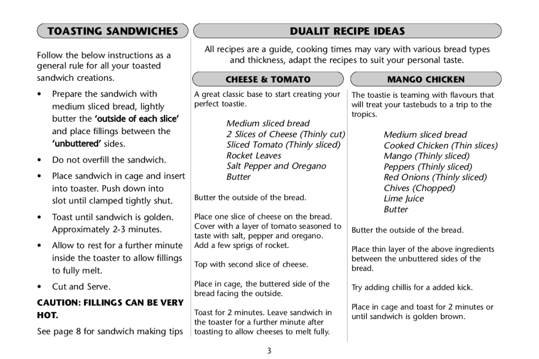 Dualit Sandwich Cage manual Toasting Sandwiches, Cheese & Tomato Mango Chicken 