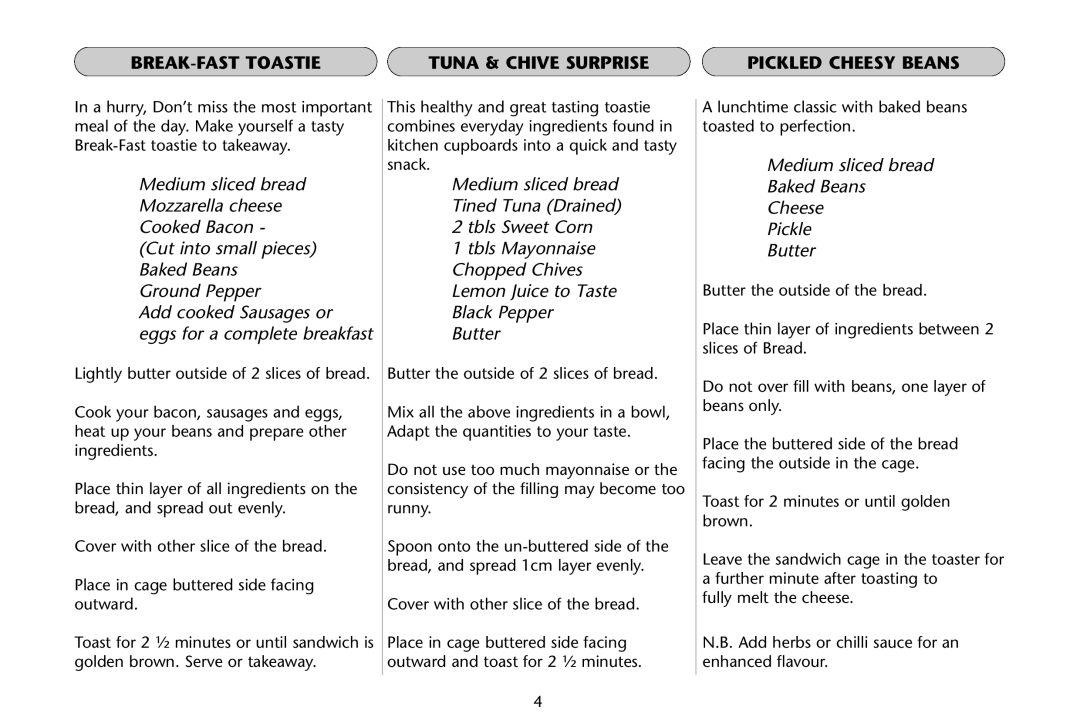 Dualit Sandwich Cage manual BREAK-FAST Toastie Tuna & Chive Surprise, Pickled Cheesy Beans 