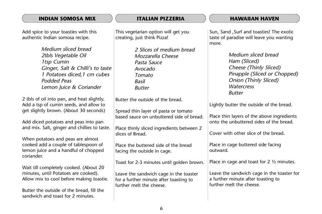 Dualit Sandwich Cage manual Indian Somosa MIX Italian Pizzeria Hawaiian Haven 