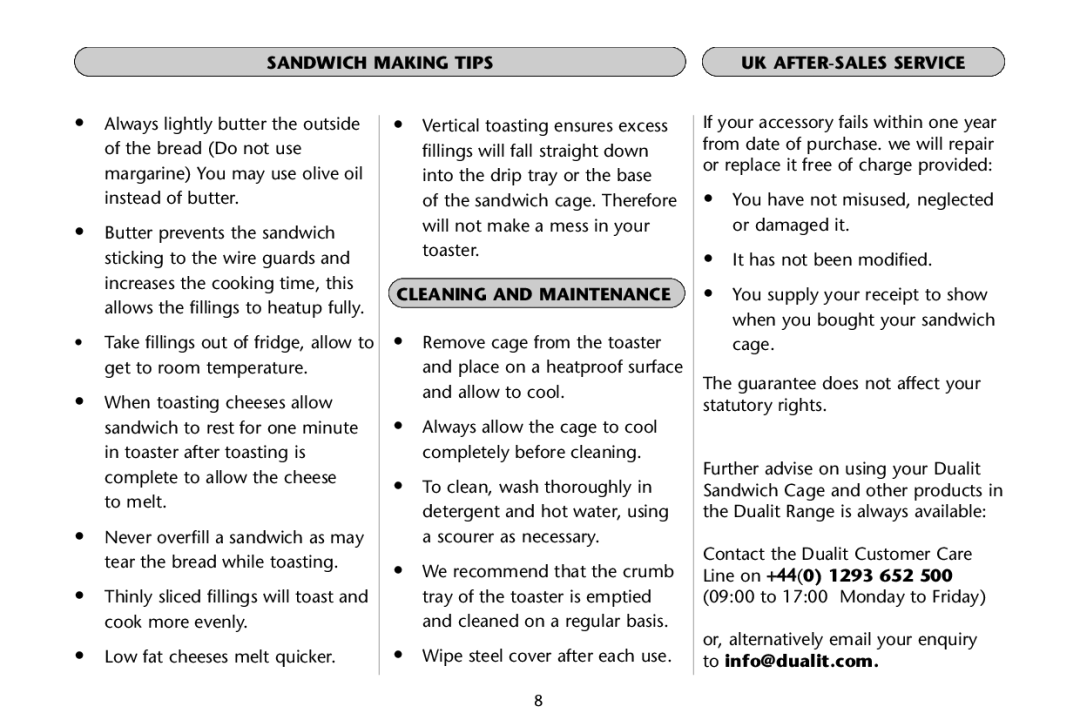 Dualit Sandwich Cage manual Sandwich Making Tips, Cleaning and Maintenance 